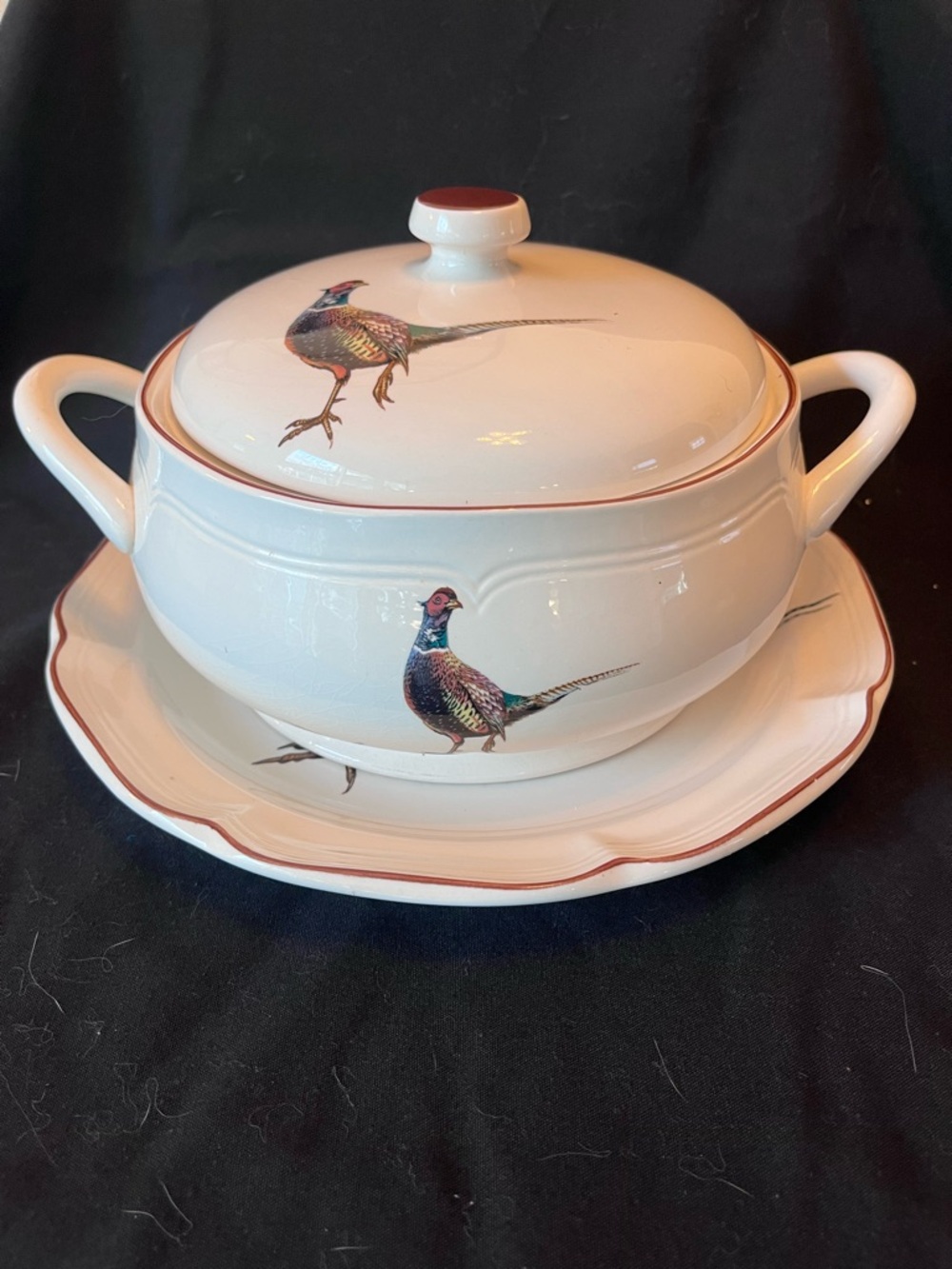 Stanhome Exclusive White Covered Tureen and Platter in Pheasant Motif